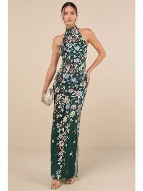 lulus Infinite Praise Emerald 3D Floral Embroidered Halter Maxi Dress 0180
